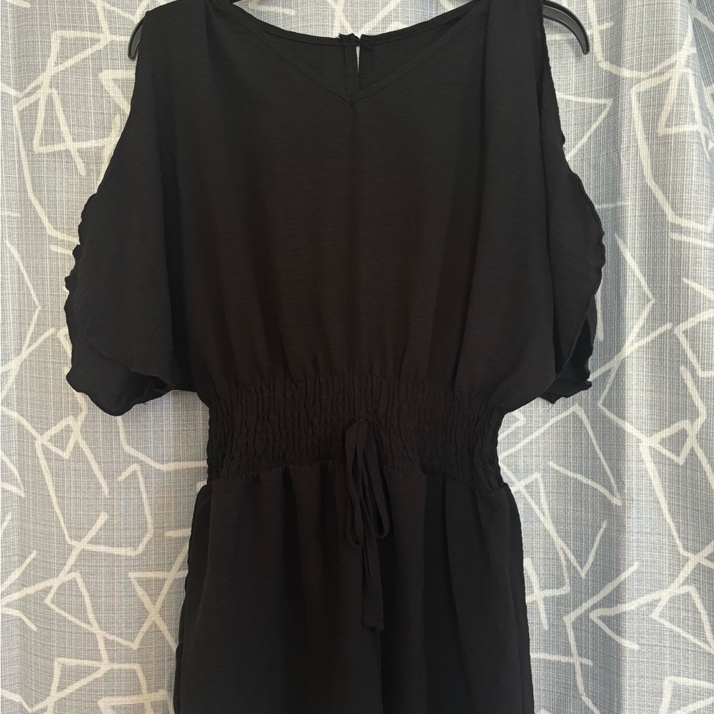 Women’s Black Cold Shoulder Romper with Shirred Waist – Size M